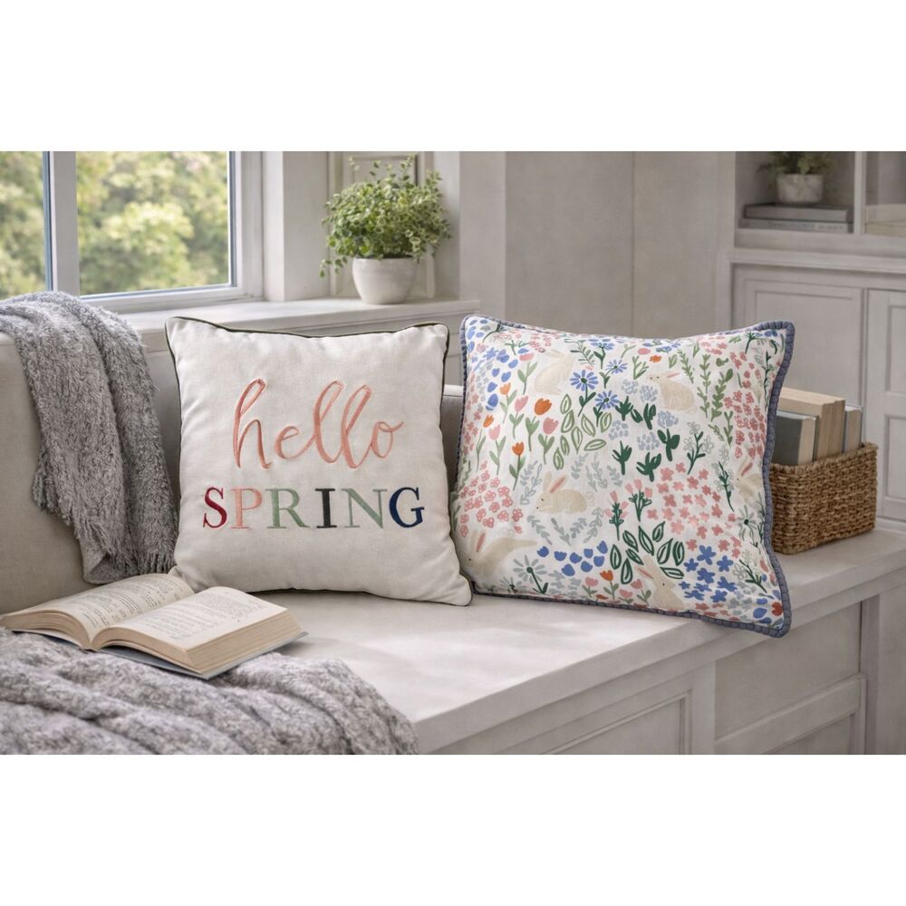 Farmhouse Hello Spring Decorative Throw Pillows Set of 2 14x14 Floral Bunny